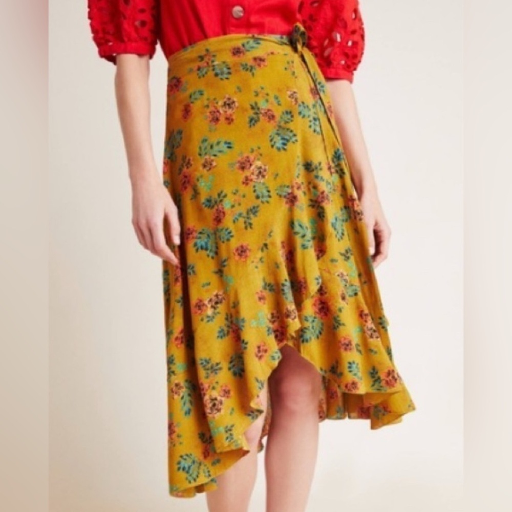 Anthropologie x Faithfull The Brand Tramonti Mustard Yellow Floral Wrap Skirt